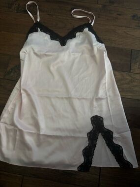 victora secret silk nightgown pastel pink and black laced trim